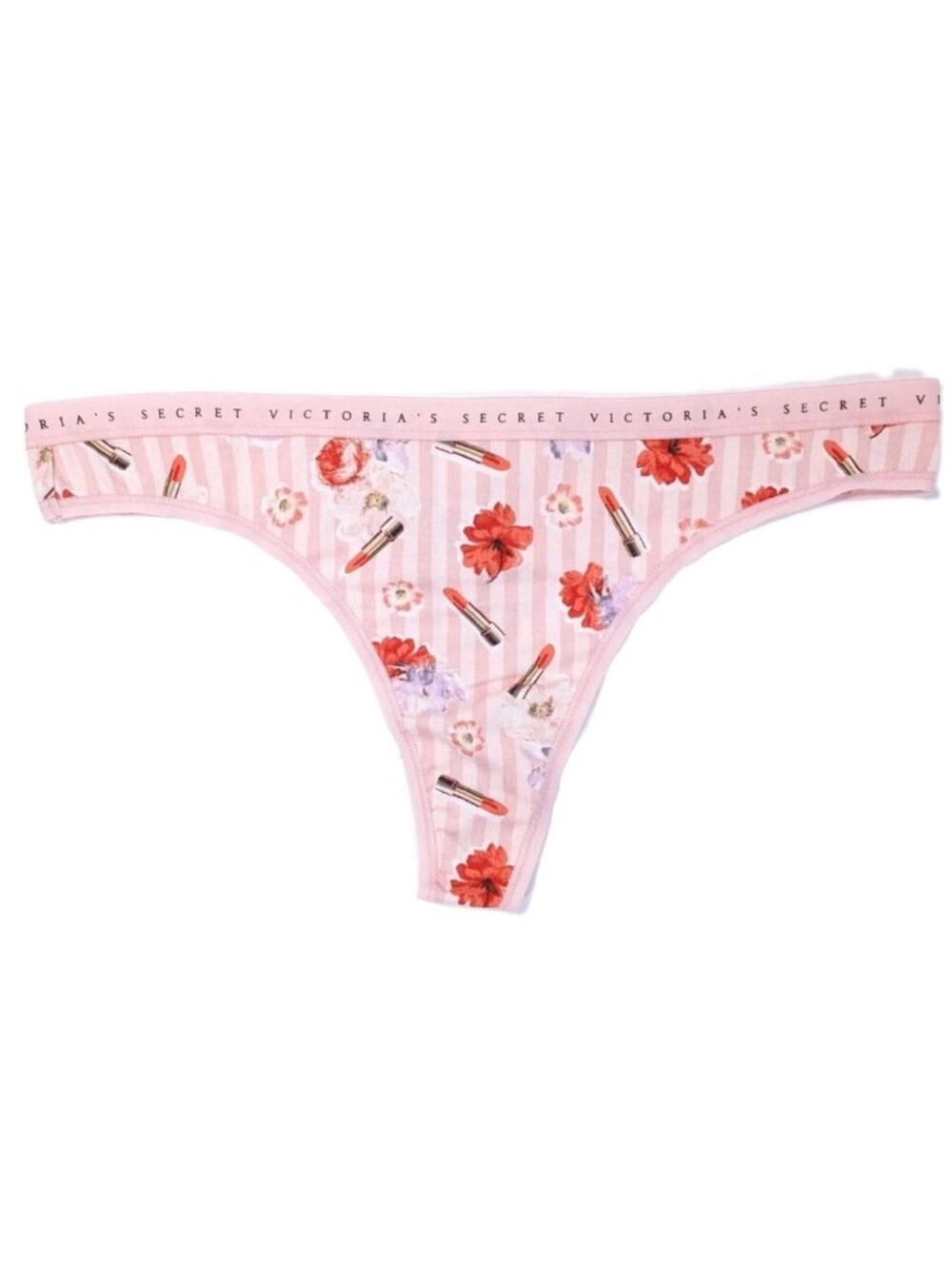 Victoria's Secret Cotton Thong Large Modal Panty VS logo waist Striped lipstick